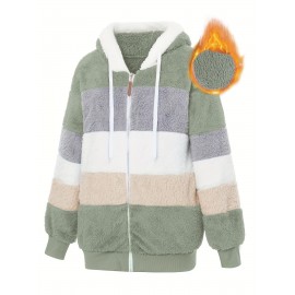 Plus Size Striped Fuzzy Hooded Coat - Soft, Warm, and Cozy Long Sleeve Zipper Coat for Fall and Winter - Women's Casual Outerwear for Cold Weather