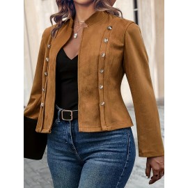 1pc Women'S Plus Size Casual Polyester Jacket with Faux Buttons, Solid Color Knitted Open Front Collar, Stretch Fabric, Autumn/Winter Outerwear