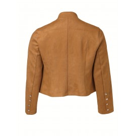 1pc Women'S Plus Size Casual Polyester Jacket with Faux Buttons, Solid Color Knitted Open Front Collar, Stretch Fabric, Autumn/Winter Outerwear