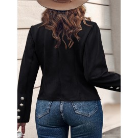 1pc Women'S Plus Size Casual Polyester Jacket with Faux Buttons, Solid Color Knitted Open Front Collar, Stretch Fabric, Autumn/Winter Outerwear