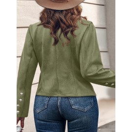 1pc Women'S Plus Size Casual Polyester Jacket with Faux Buttons, Solid Color Knitted Open Front Collar, Stretch Fabric, Autumn/Winter Outerwear