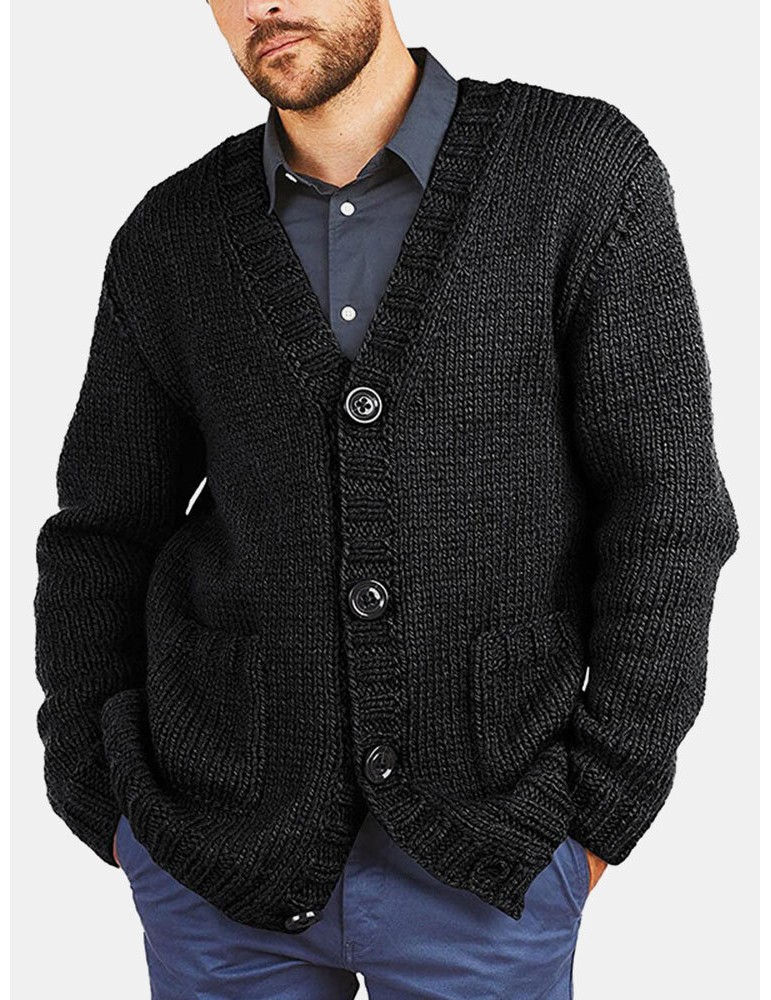 Cardigans - Men Vintage Knit Button V-Neck Double Pockets Casual Cardigans