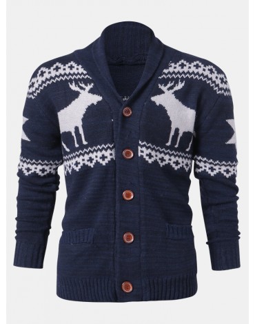 Mens Christmas Reindeer Button Thick Warm Casual Knitted Cardigan Sweater