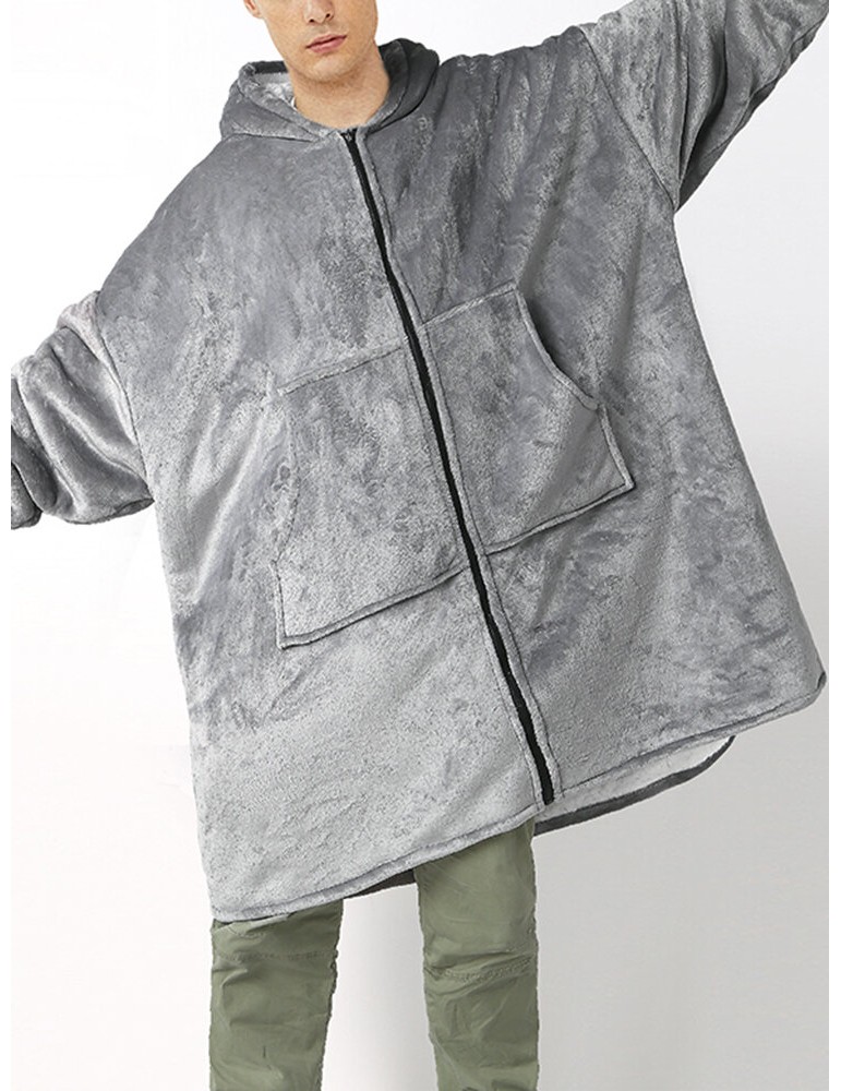 Robes - Mens Flannel Warm Soft Solid Color Zipper Kangaroo Pocket Blanket Hoodie Oversized Home Robes