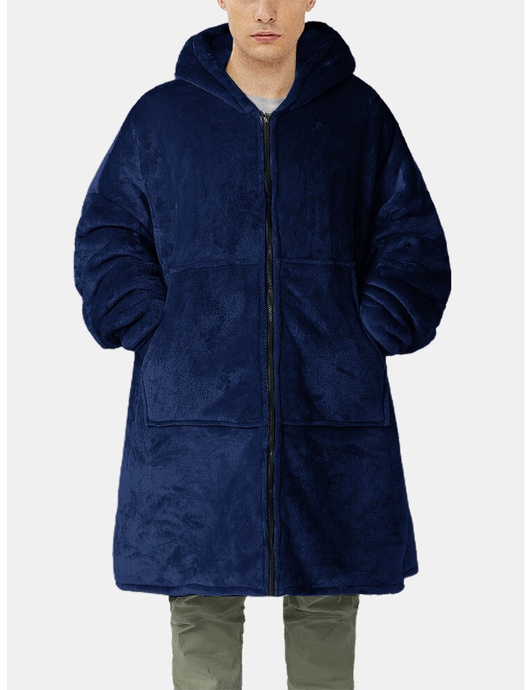 Robes - Mens Flannel Warm Soft Solid Color Zipper Kangaroo Pocket Blanket Hoodie Oversized Home Robes