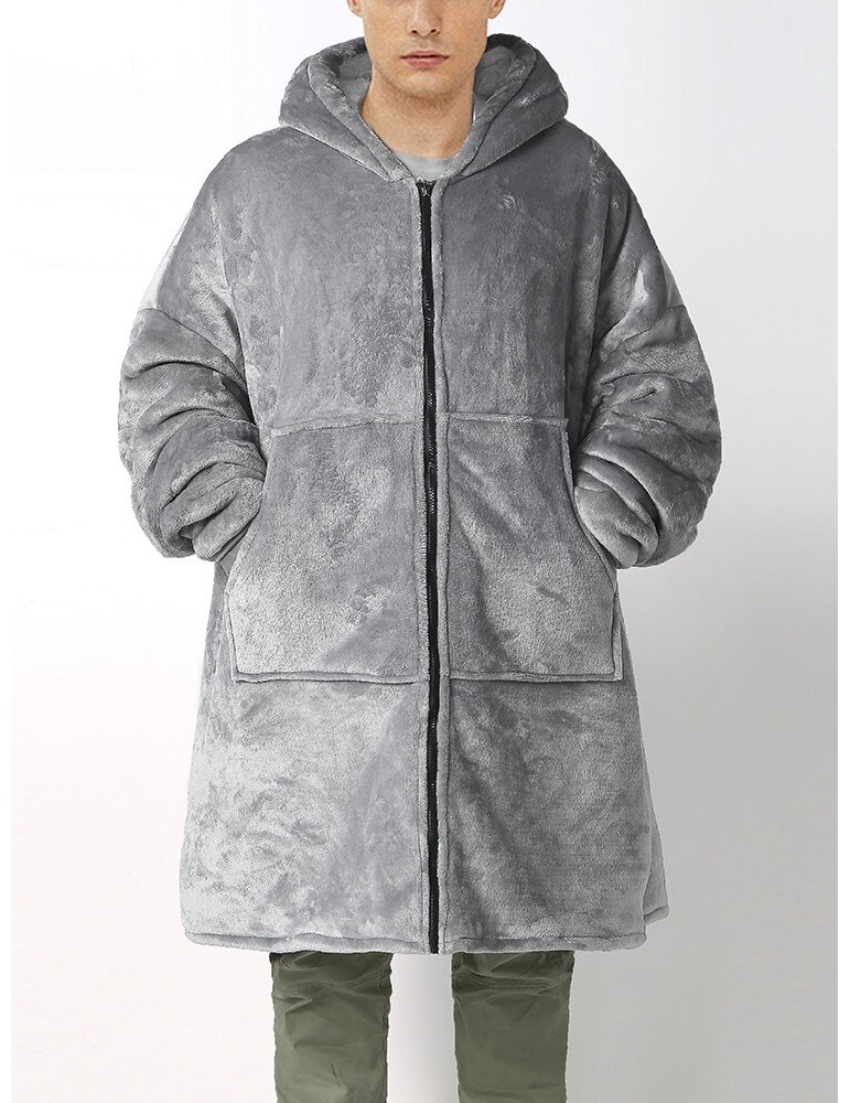 Robes - Mens Flannel Warm Soft Solid Color Zipper Kangaroo Pocket Blanket Hoodie Oversized Home Robes