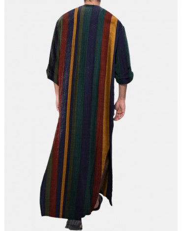Mens Vintage Multi-Color Striped Print Button Up Home Casual Long Sleeve Robes With Pockets