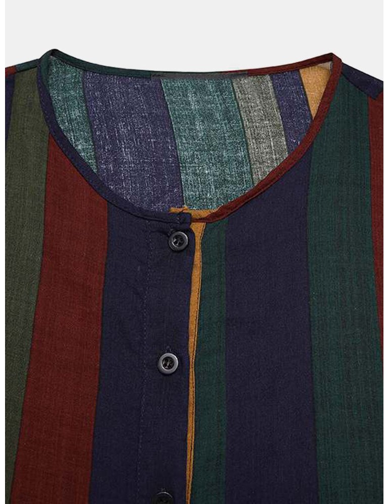 Robes - Mens Vintage Multi-Color Striped Print Button Up Home Casual Long Sleeve Robes With Pockets