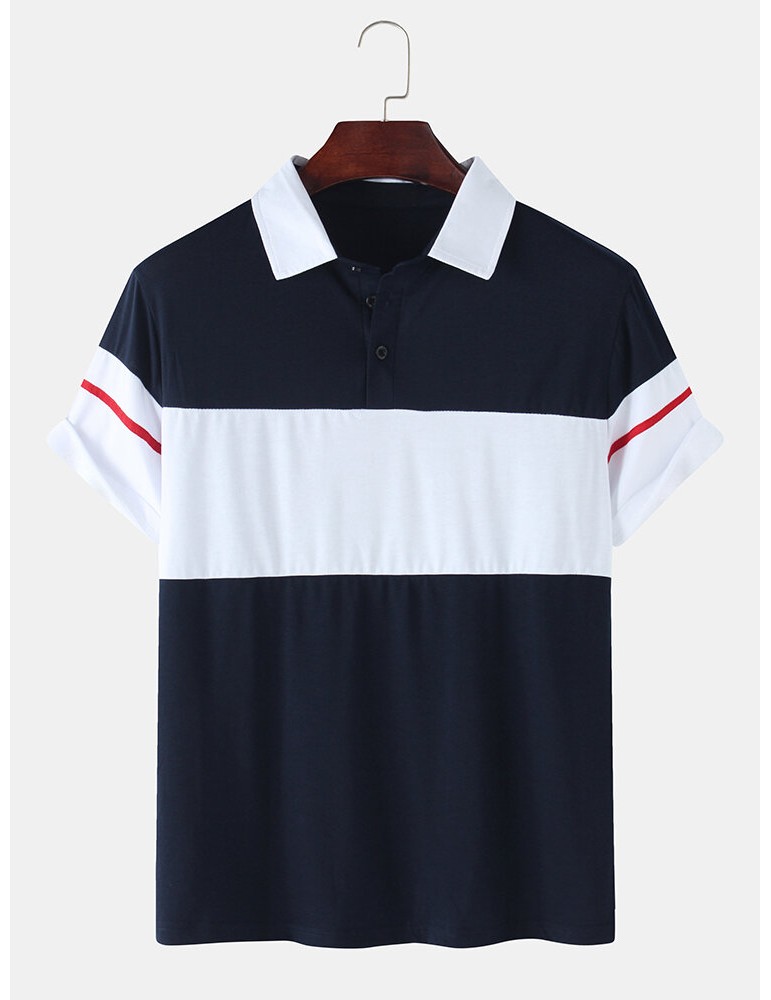 Golf Shirts - Mens Color Block Patchwork Casual Short Sleeve Golf Shirt