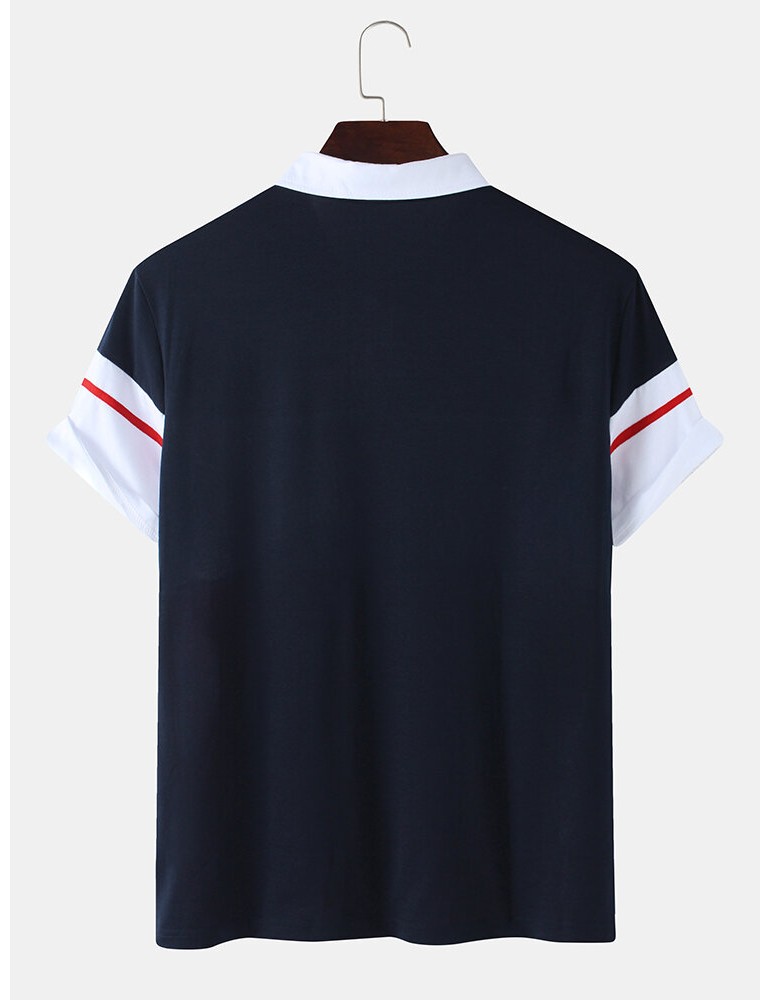 Golf Shirts - Mens Color Block Patchwork Casual Short Sleeve Golf Shirt