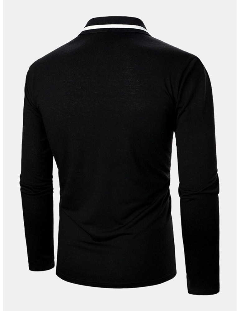 Golf Shirts - Mens Contrast Color Two Tone Patchwork Lapel Long Sleeve Golf Shirts