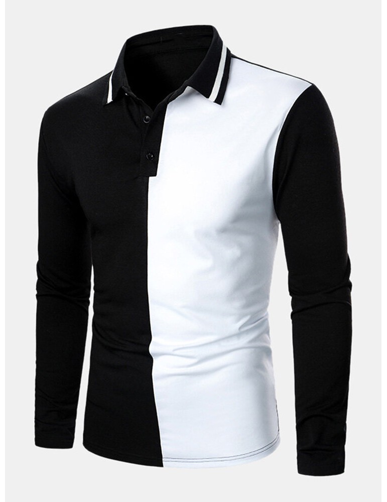 Golf Shirts - Mens Contrast Color Two Tone Patchwork Lapel Long Sleeve Golf Shirts