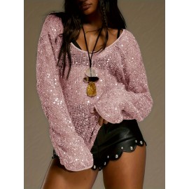Sequined Hollow Mesh Round Neck Long Sleeve Women's Pullover, Sexy Loose Sheer Ladies Top, Versatile Nightclub Party Outfit