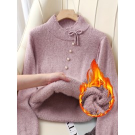 Women's Thick & Soft Sweater with Bow Buttons - Winter Warm Round Neck Long Sleeve Cozy Sweater, Beige & White Cable- Design, All-Season Casual Elegant Pullover for Fall and Winter Layering, Hand Wash or Dry Clean, Solid Color with Bow Detail, Medium Stretch, Relaxed Fit, Fleece Lining for Extra Warmth, Chic and Comfortable for Casual Attire, Cozy Sweaters For Women, Casual Long Sleeve Sweater, Oversized Knit Sweater, Colourfull Loose Sweater For Women,