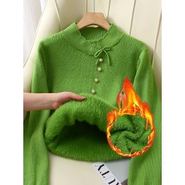 Women's Thick & Soft Sweater with Bow Buttons - Winter Warm Round Neck Long Sleeve Cozy Sweater, Beige & White Cable- Design, All-Season Casual Elegant Pullover for Fall and Winter Layering, Hand Wash or Dry Clean, Solid Color with Bow Detail, Medium Stretch, Relaxed Fit, Fleece Lining for Extra Warmth, Chic and Comfortable for Casual Attire, Cozy Sweaters For Women, Casual Long Sleeve Sweater, Oversized Knit Sweater, Colourfull Loose Sweater For Women,