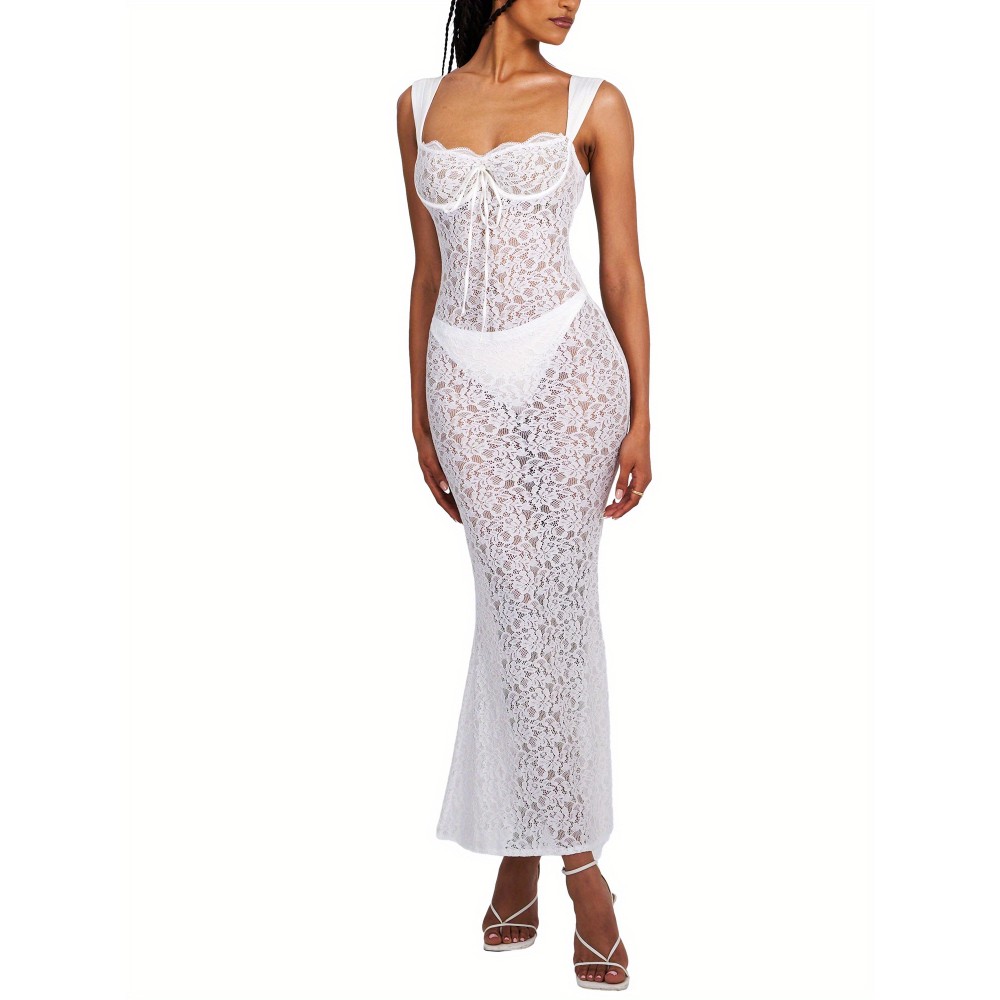 1pc Elegant Polyester Lace Sleeveless Maxi Dress for Women - Sexy Backless Bodycon Cami with Sweetheart Neckline, Solid Color, All-Season, Weave Knit Fabric